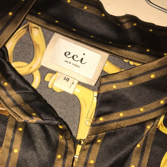 ECI New York Chain Print Satin Blouse Black Gold Long Sleeve Tunic Top 14 - Picture 2 of 16